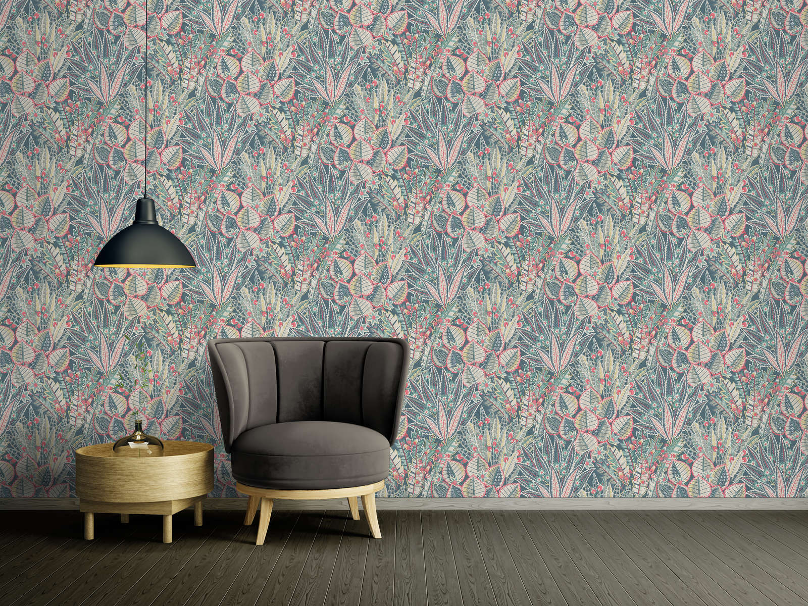             Non-woven wallpaper with leaf pattern in jungle look - blue, green, red
        