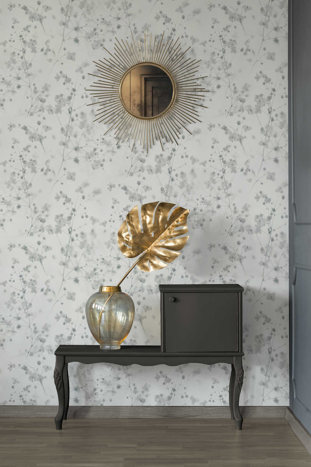             Papel pintado floral gris de estilo rústico moderno
        