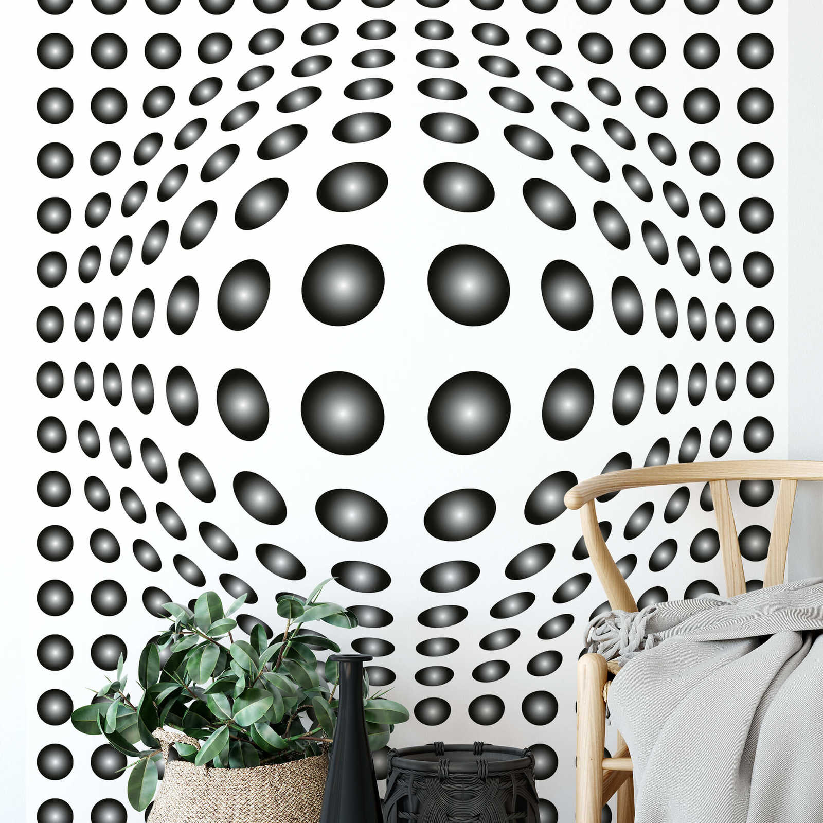             Papier peint panoramique noir et blanc avec motif de points 3D, format vertical
        