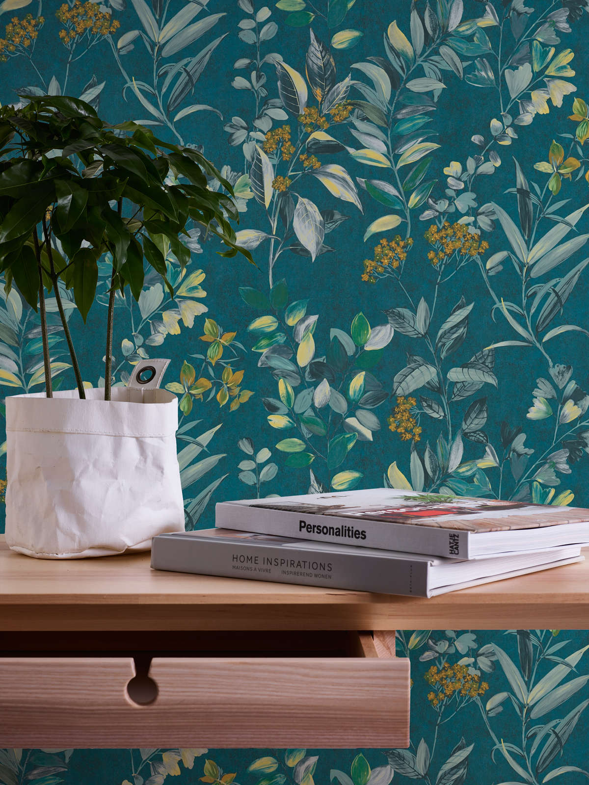             Floral non-woven wallpaper with floral pattern - multicoloured, petrol, yellow
        