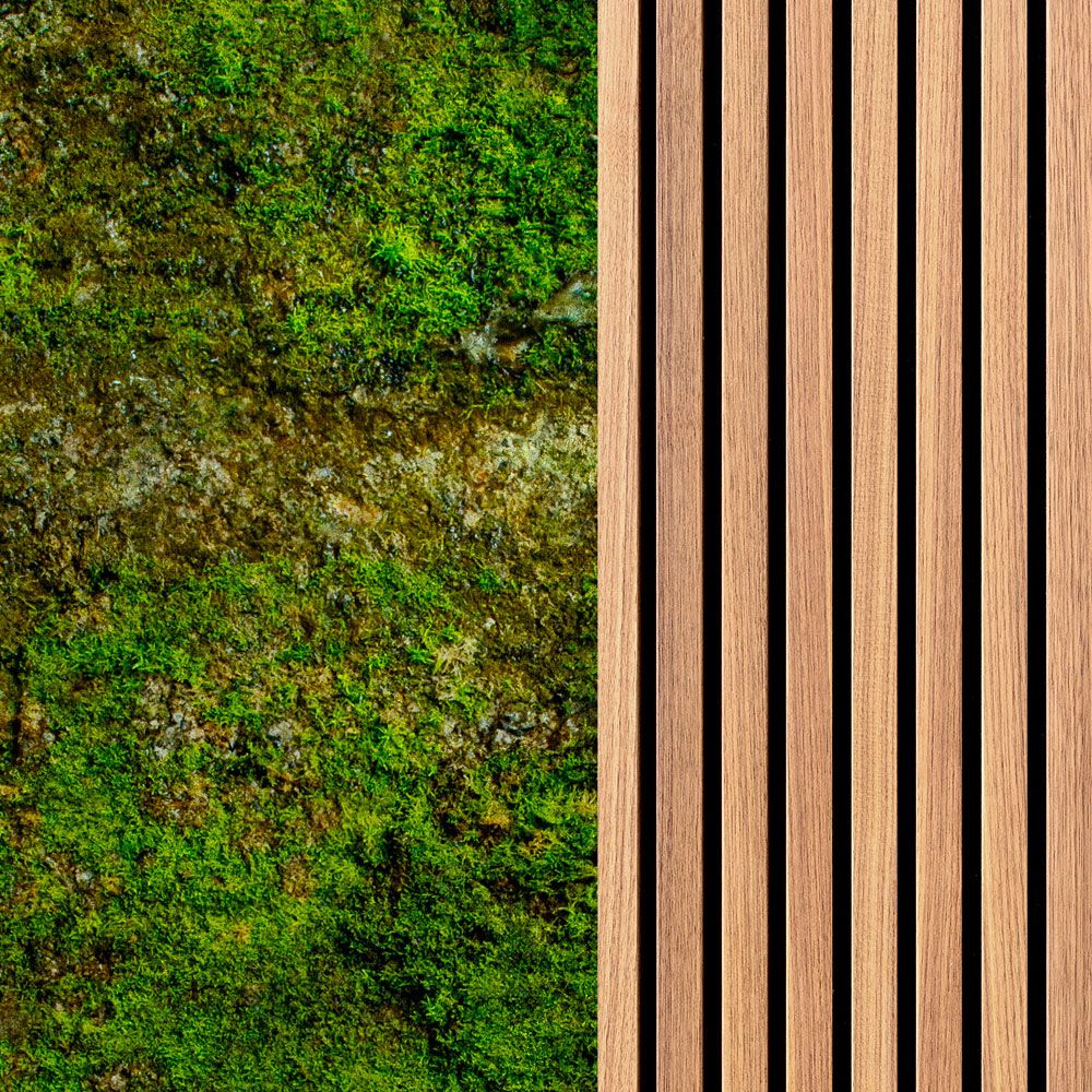             Photo wallpaper »panel 1« - Narrow wood panels & moss - Smooth, slightly pearlescent non-woven fabric
        