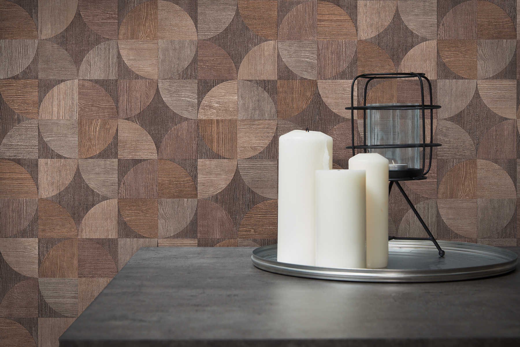             Wallpaper with graphic pattern in wood look - brown, beige, grey
        