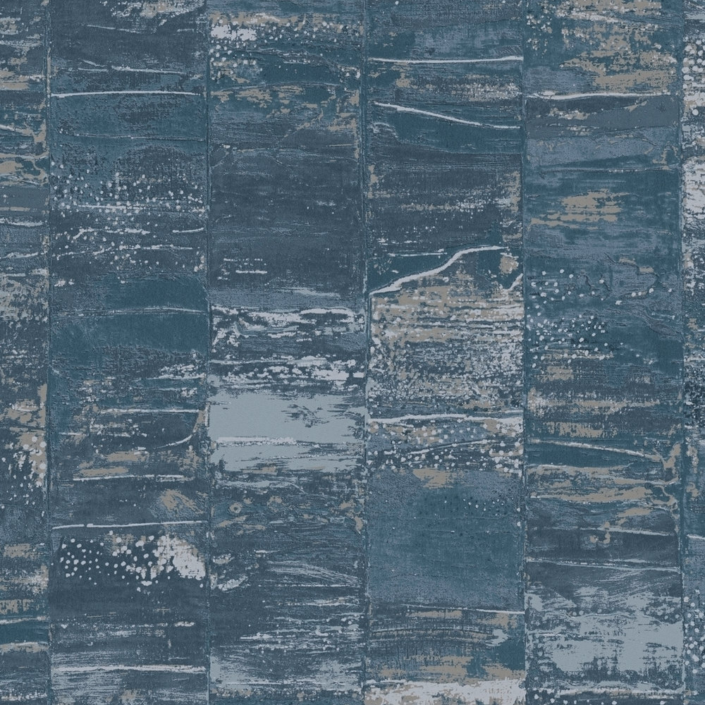             Carta da parati in tessuto non tessuto color petrolio con disegno della struttura in look used - blu, grigio
        