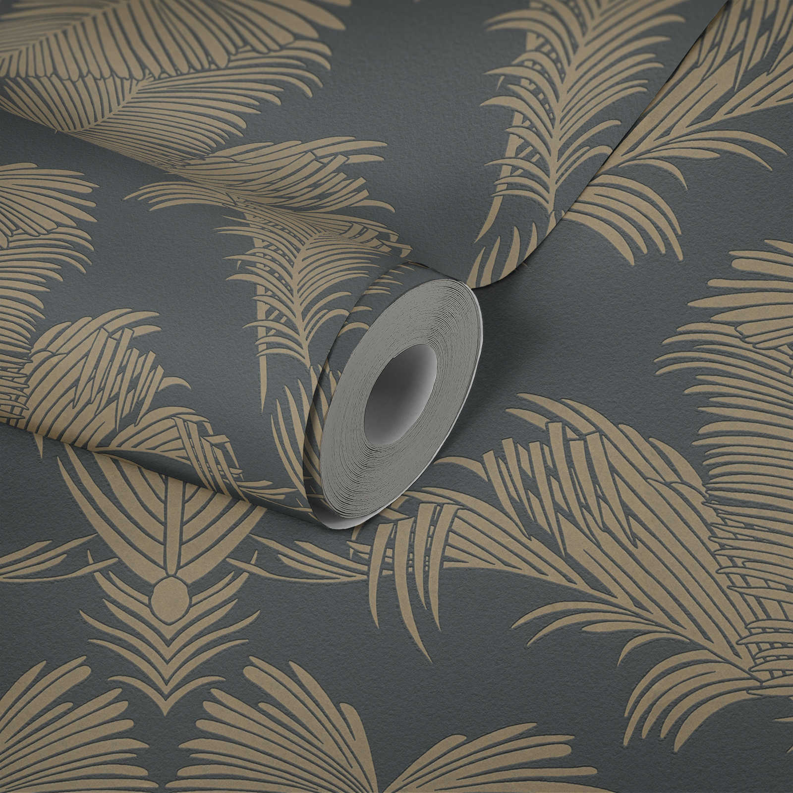            Feuilles de palmier papier peint gris & or avec structure & effet métallique
        