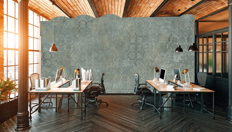             Muurschildering betonlook hexagon design & industriële look - grijs, wit, goud
        