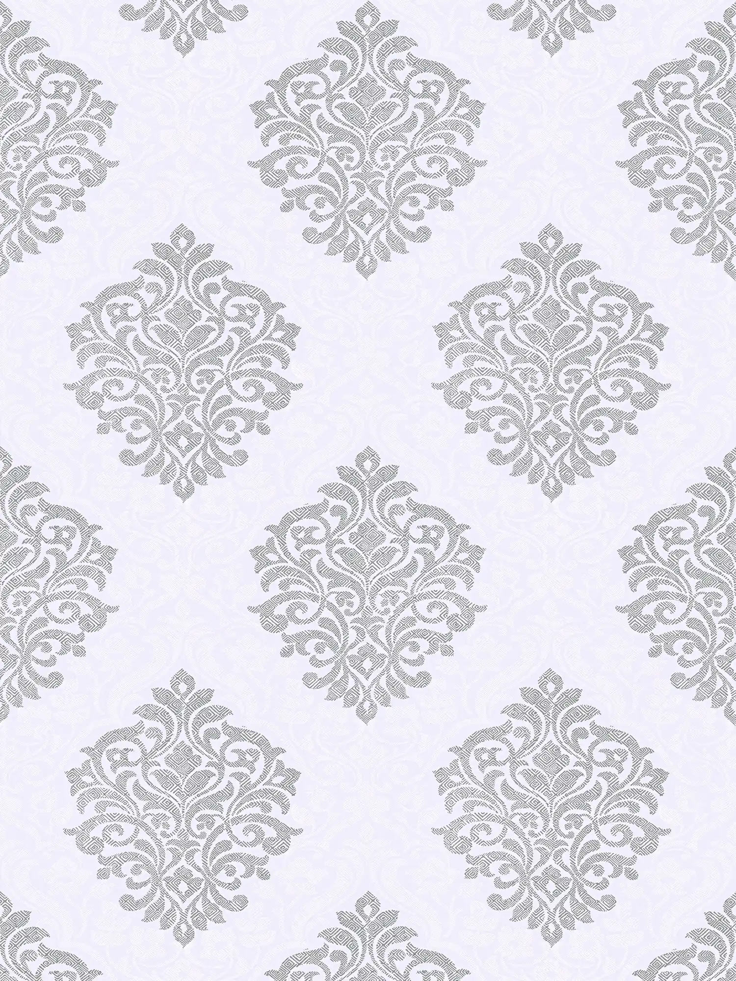 Papier peint floral ornemental motif losange style ethnique - gris, blanc, argenté
