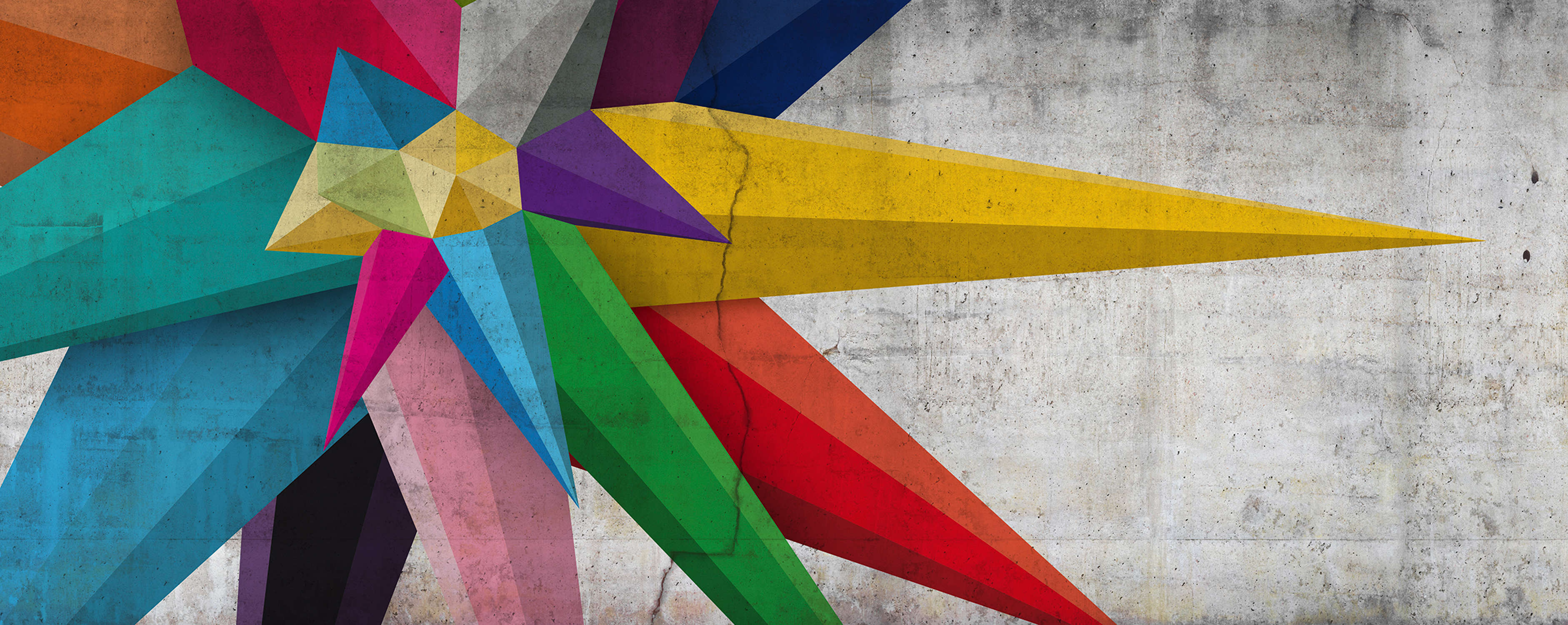             Concrete mural with star graphic in polygon style - colourful, grey, yellow
        