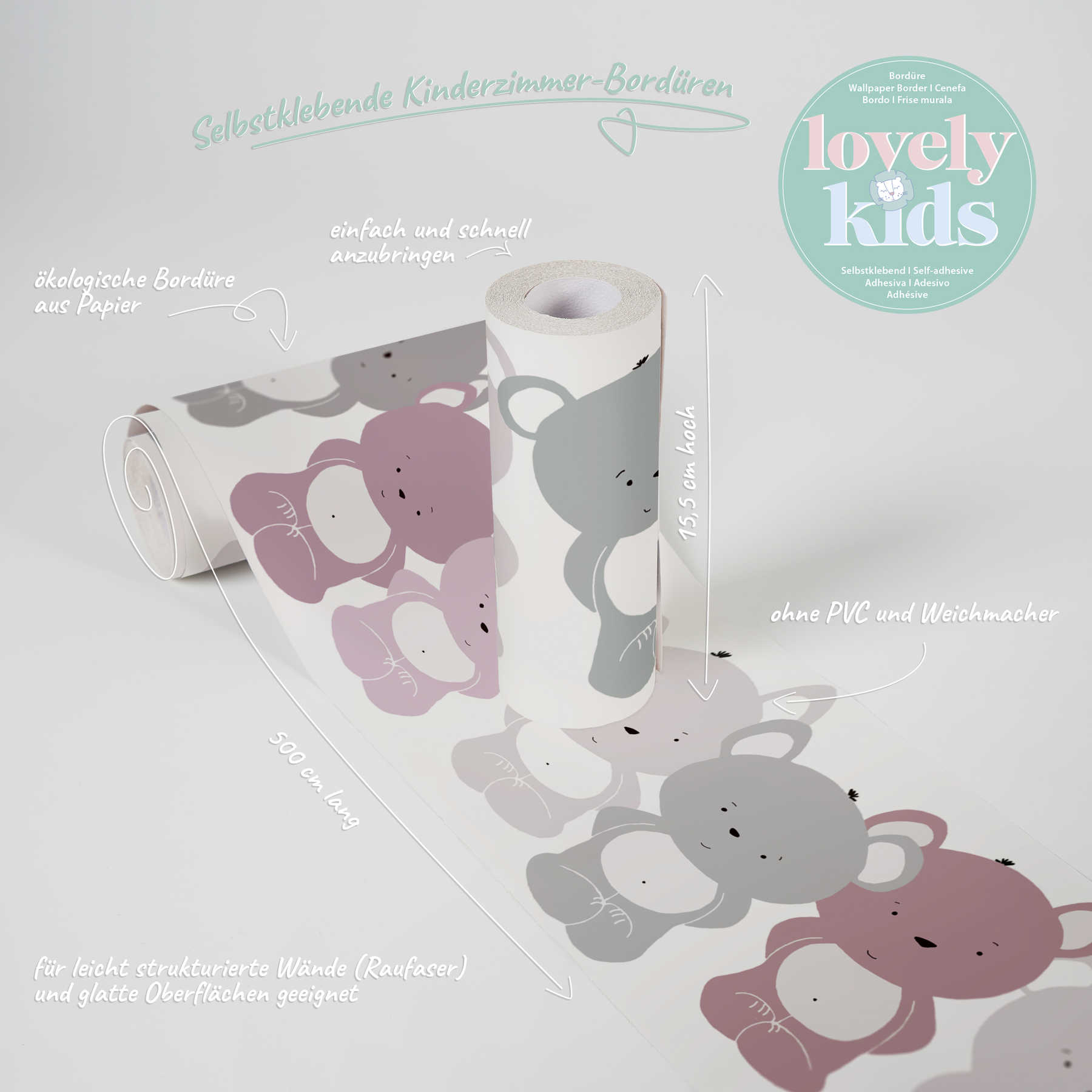             Bordes de habitación infantil "Enchanting Lucky Bears" para niñas - rosa, púrpura, gris
        