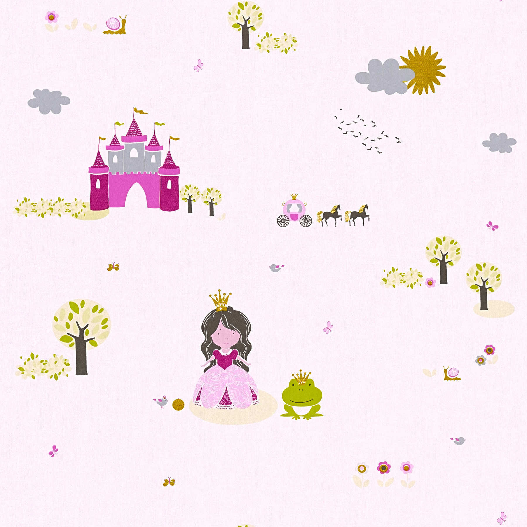 Fairy tale wallpaper for Nursery - colourful, pink
