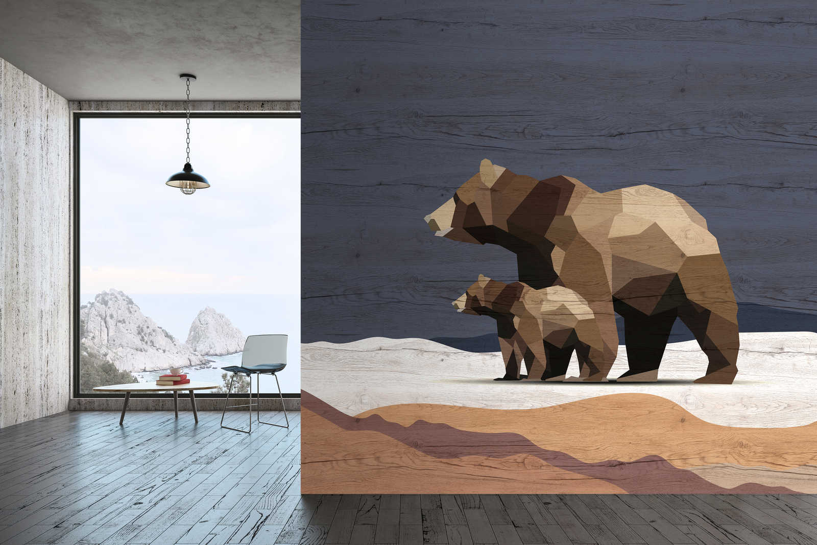             Yukon 3 - Fotomurali della famiglia di orsi con design sfaccettato e aspetto legno
        