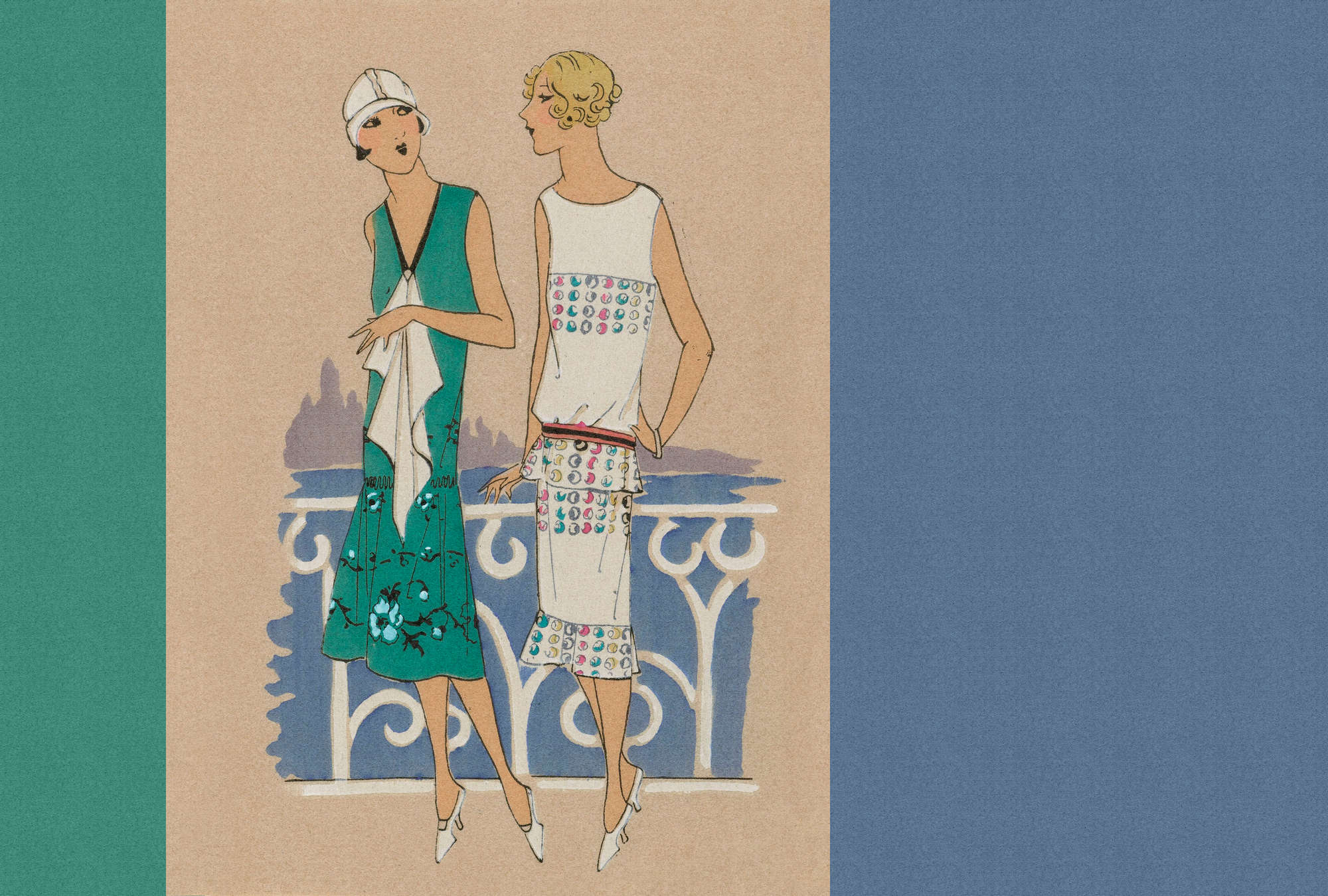             Parisienne 3 - Carta da parati retrò con stampa moda anni '20 in blu e verde
        