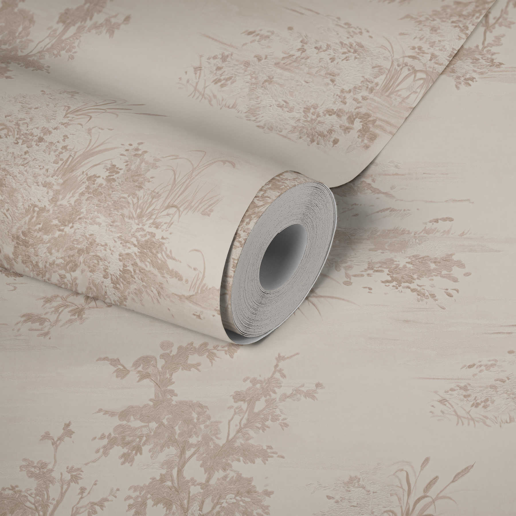             Country house wallpaper in historical style with landscape motif - beige, cream, pink
        