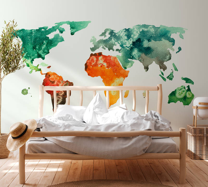             Papel Pintado Mapa del Mundo Acuarela - Colorido, Blanco, Verde
        