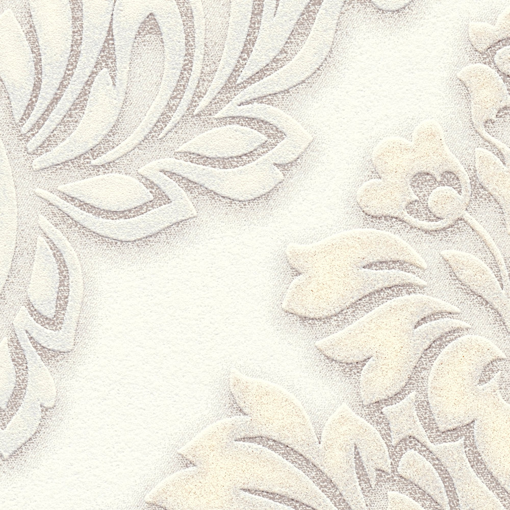             Baroque wallpaper ornaments with glitter effect - white, silver, beige
        
