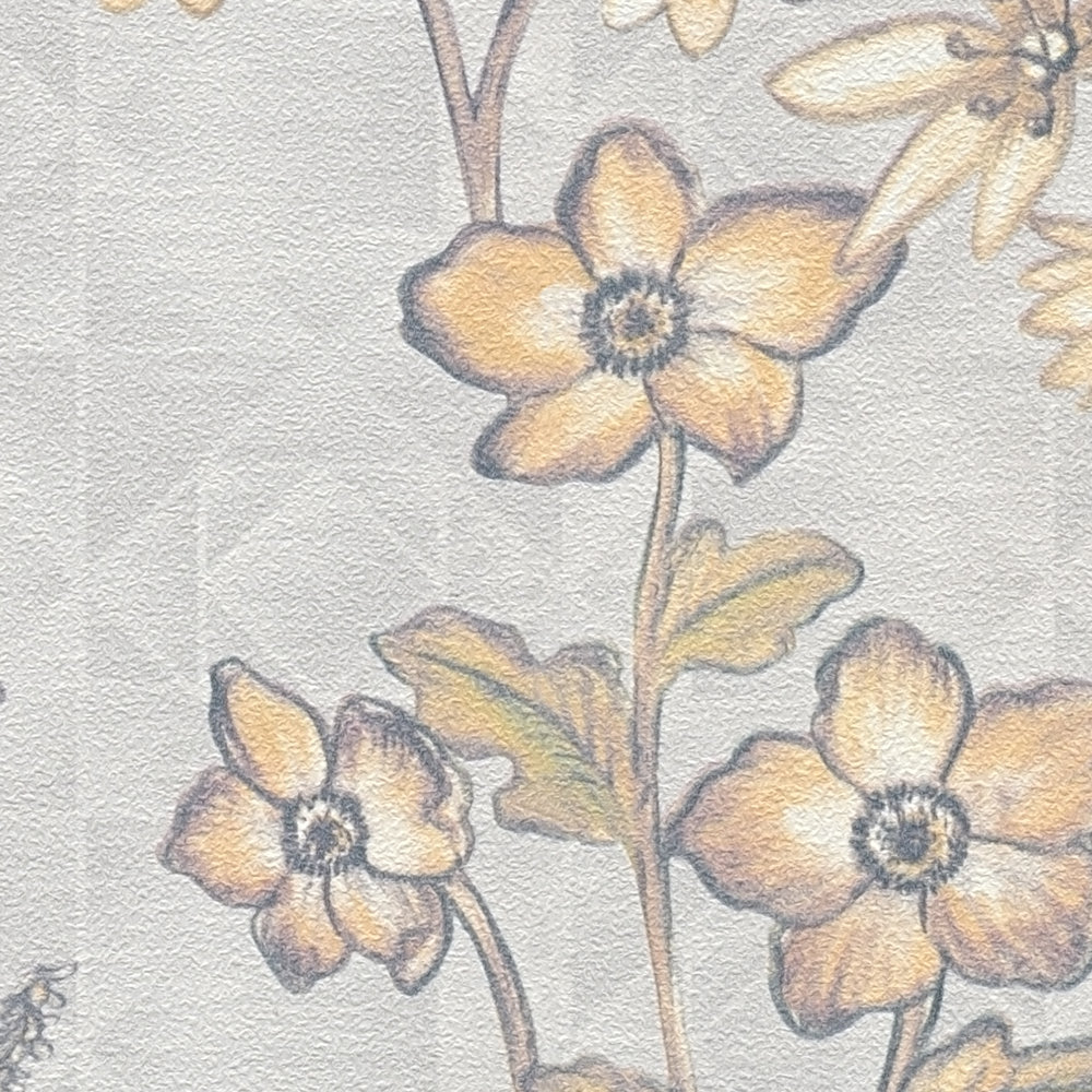             Vliesbehang met bloemen vintage design - lichtgrijs, oranje, geel
        