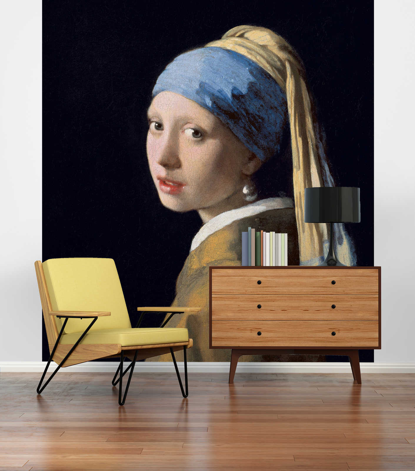             Het meisje met de parel" muurschildering van Jan Vermeer
        