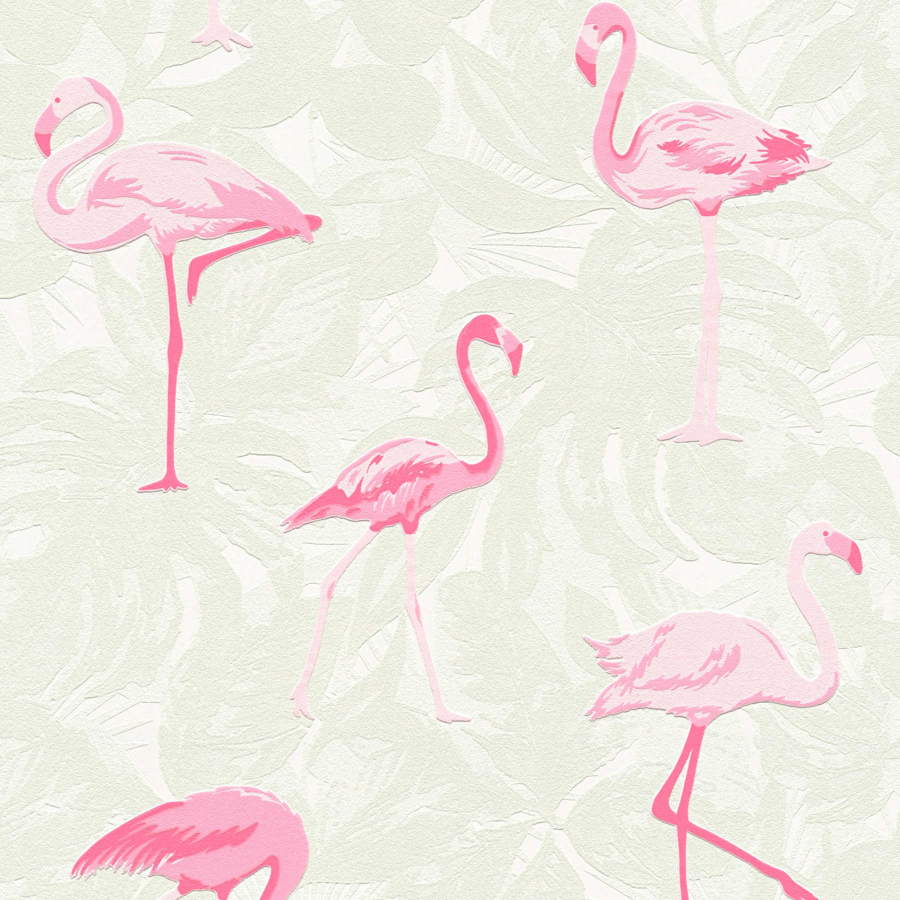             Flamingo behang met structuur design & bladeren patroon - crème, roze
        