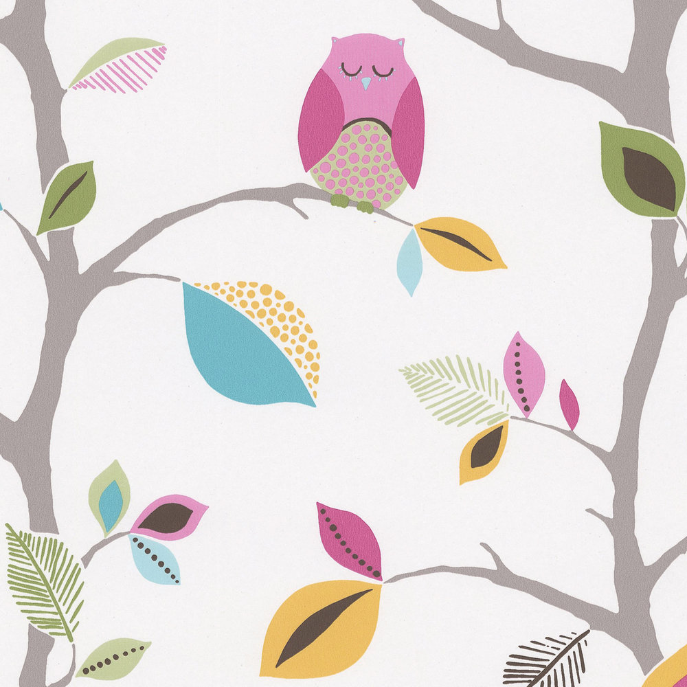            Nursery wallpaper paper with owls & birds - colourful, green
        