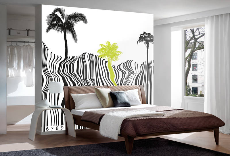             Photo wallpaper with refined barcode pattern and palm tree look
        