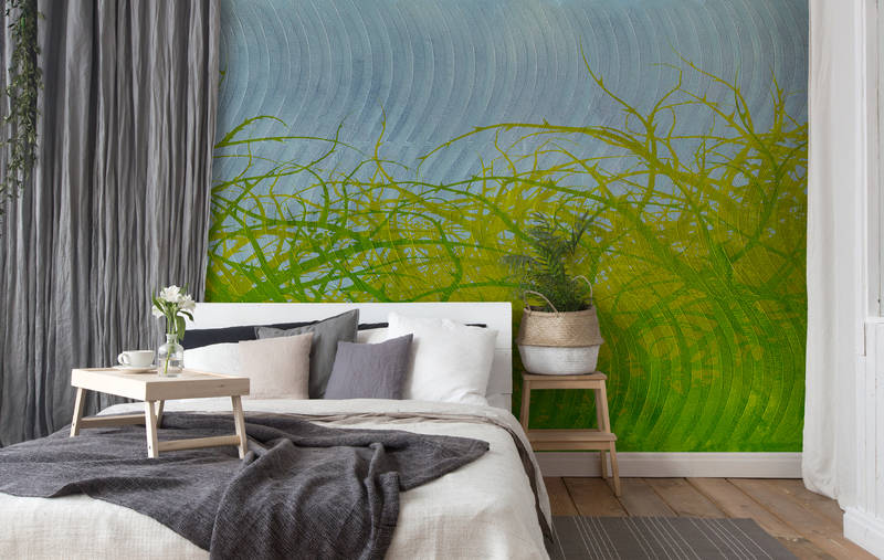             Muurschildering abstract takkenmotief voor jeugdkamer - groen, geel, blauw
        