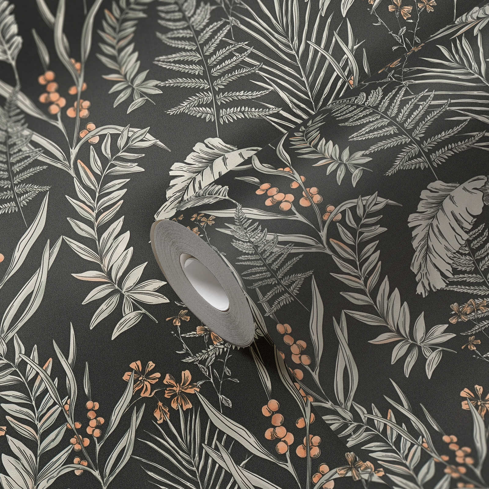             Floral wallpaper in modern style with flowers & leaves textured - Black, White, Orange
        