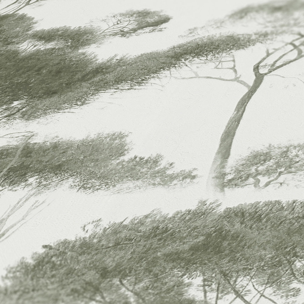            Papier peint paysage de forêt stylisé - vert, blanc
        