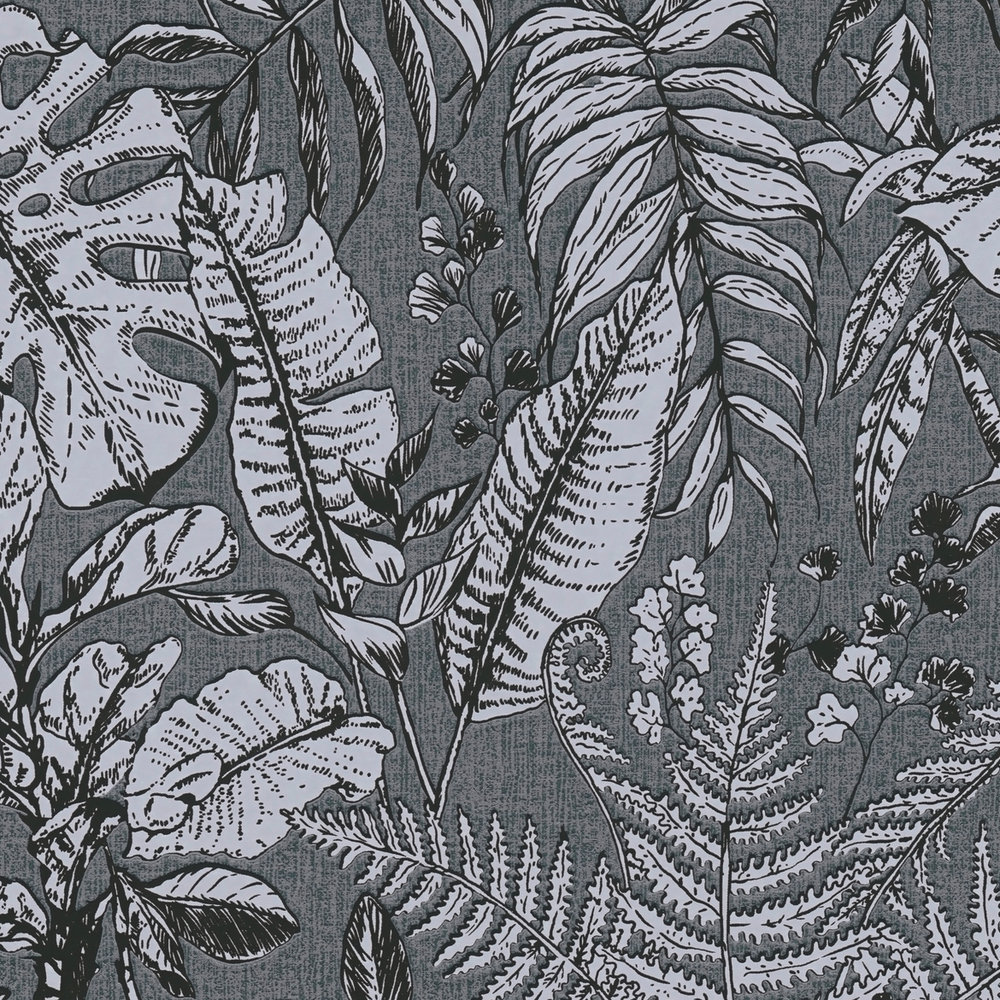             Papier peint motif jungle, feuilles de monstera & fougères - gris, blanc
        