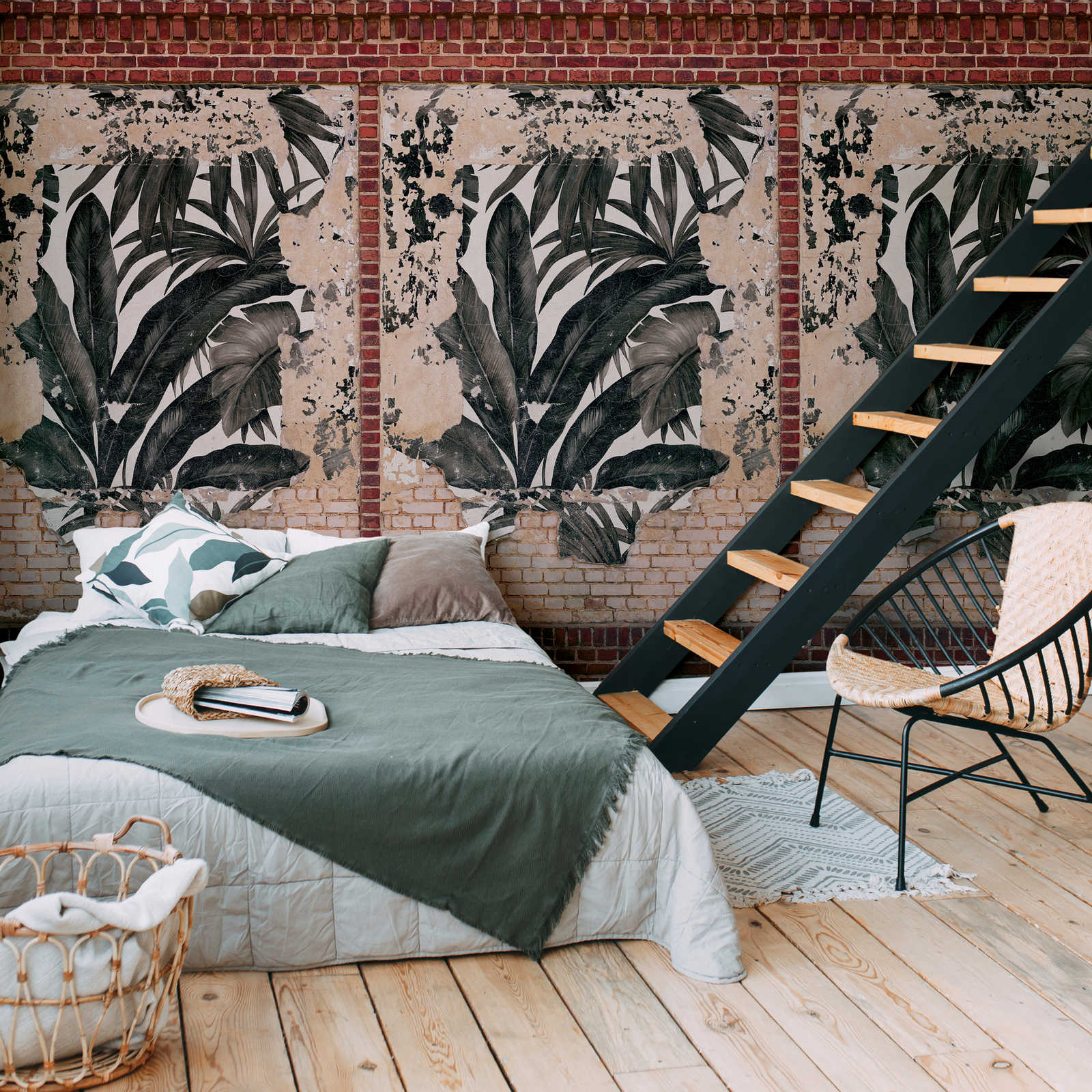 Baksteenbehang met palmbladeren in used look - bruin, beige, rood
