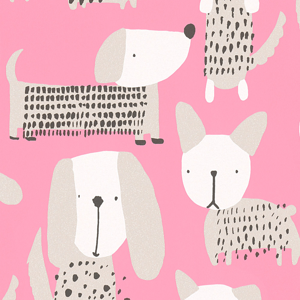             Dog wallpaper in cartoon style for Nursery - pink, white
        