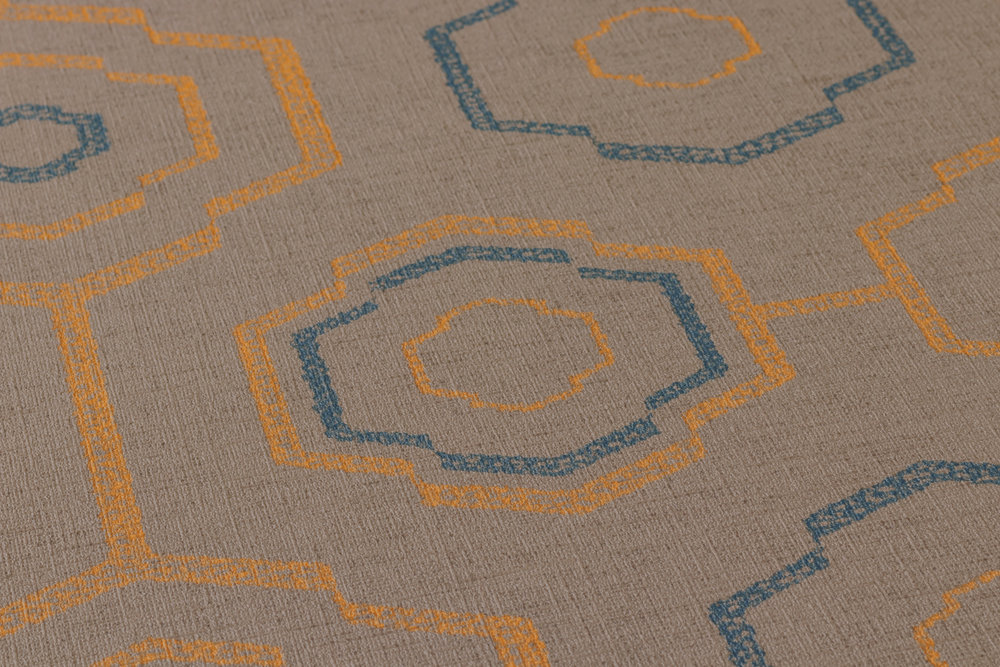             Papier peint motif textile indigène avec dessin géométrique - marron, bleu, orange
        