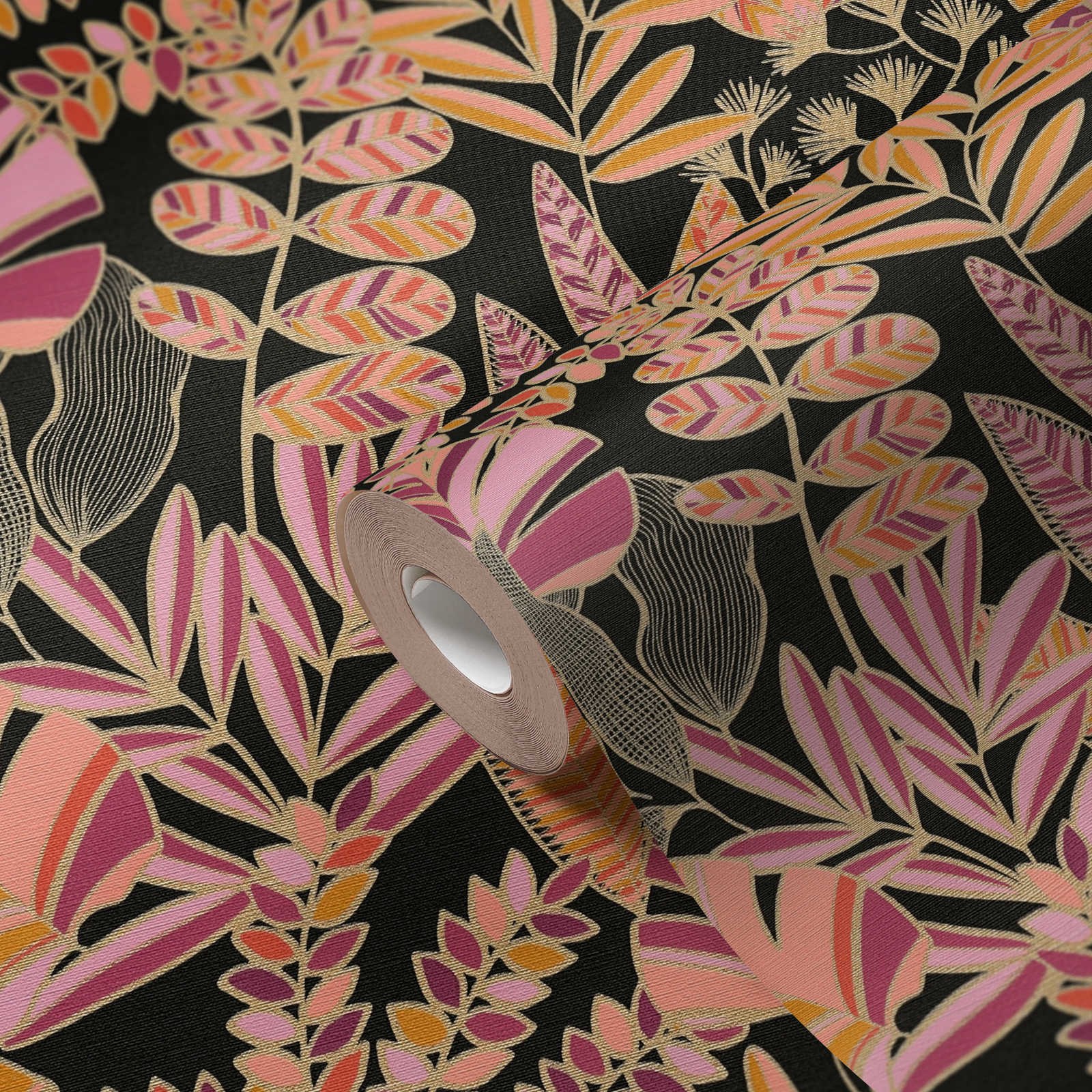             Papel pintado no tejido de estilo llamativo con grandes hojas - negro, rosa, naranja
        