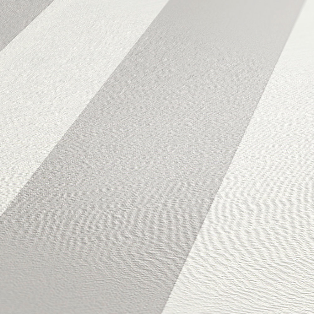             Papel pintado de rayas en bloque con aspecto textil para un diseño joven - gris, blanco
        