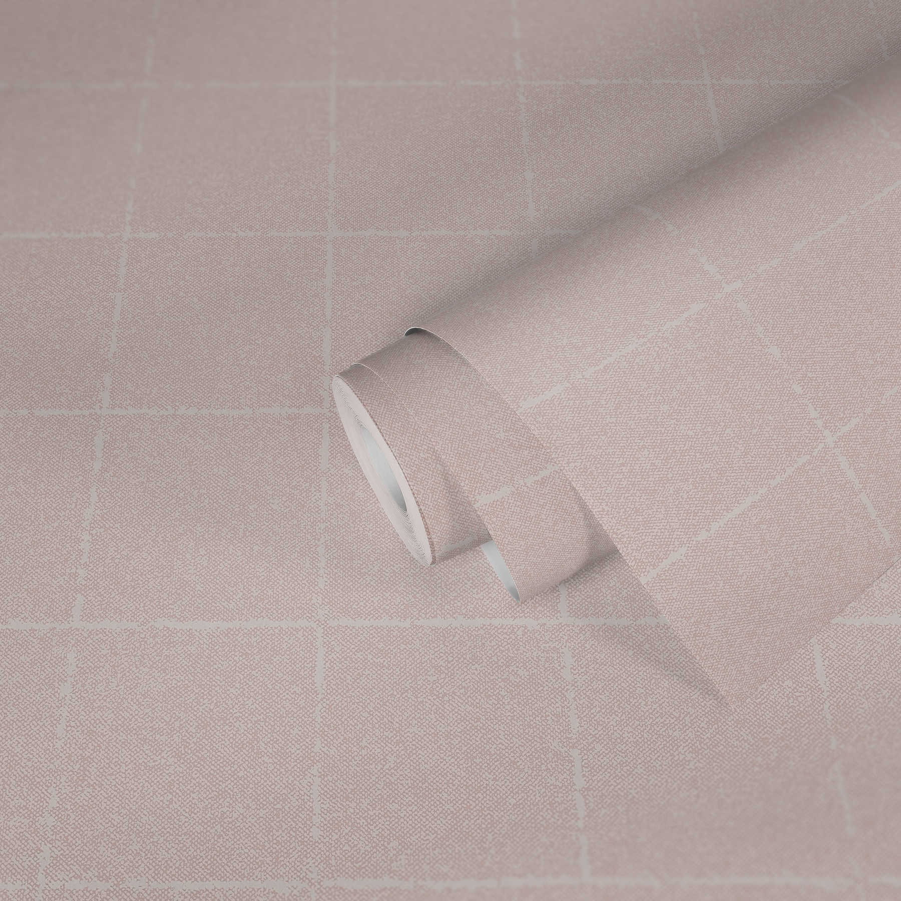             Papel pintado a cuadros en óptica textil, con textura - rosa, blanco, crema
        