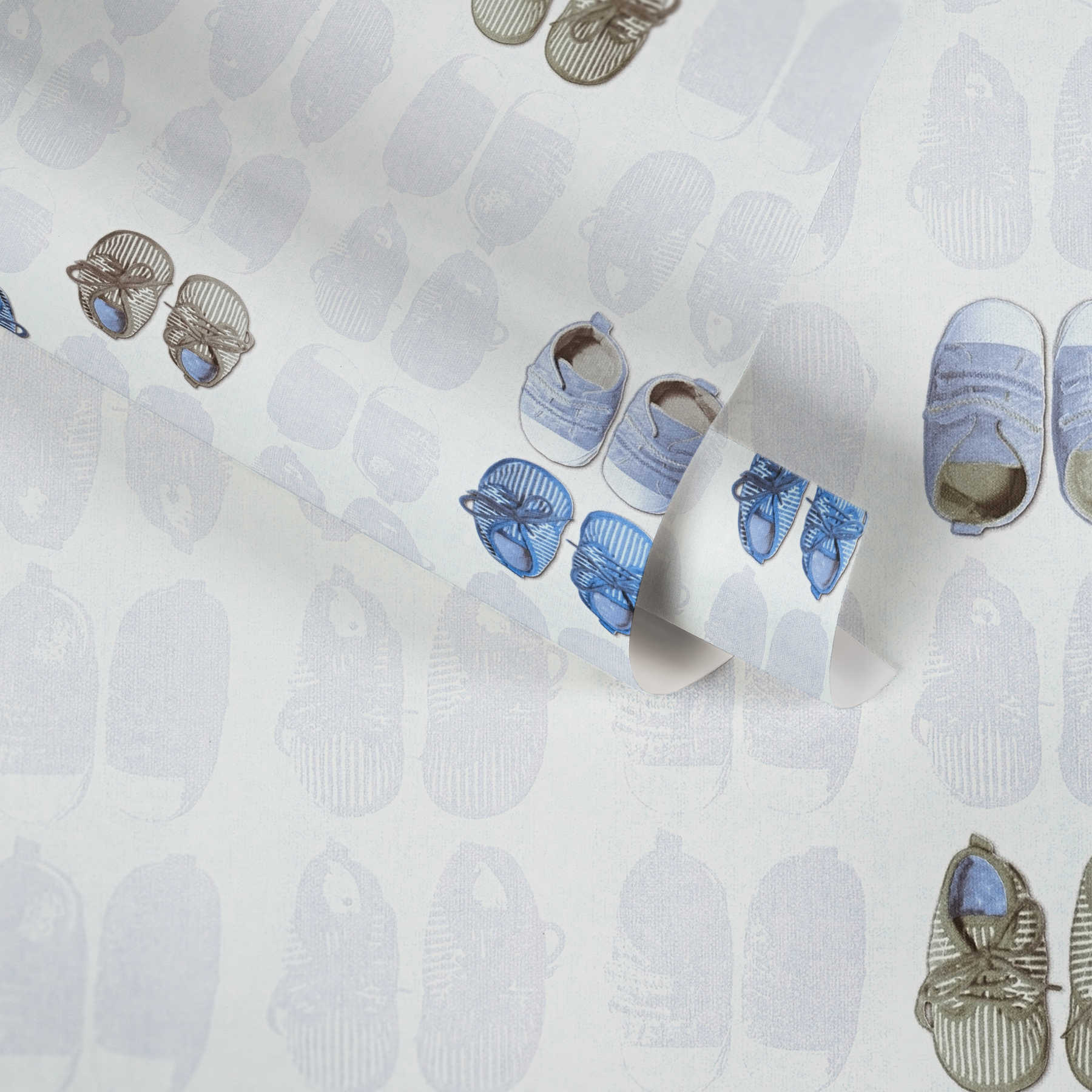             Babykamerbehang Babyschoenen voor Jongens - Blauw, Wit
        