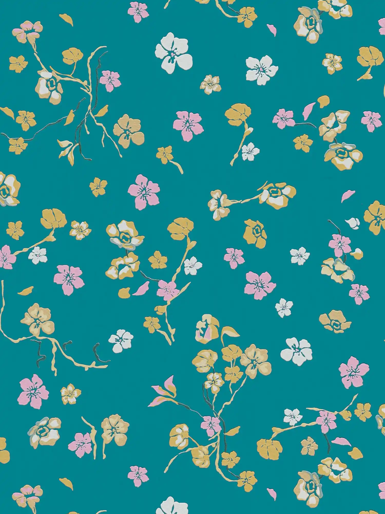 Floral wallpaper in country style with gloss - turquoise, yellow, pink
