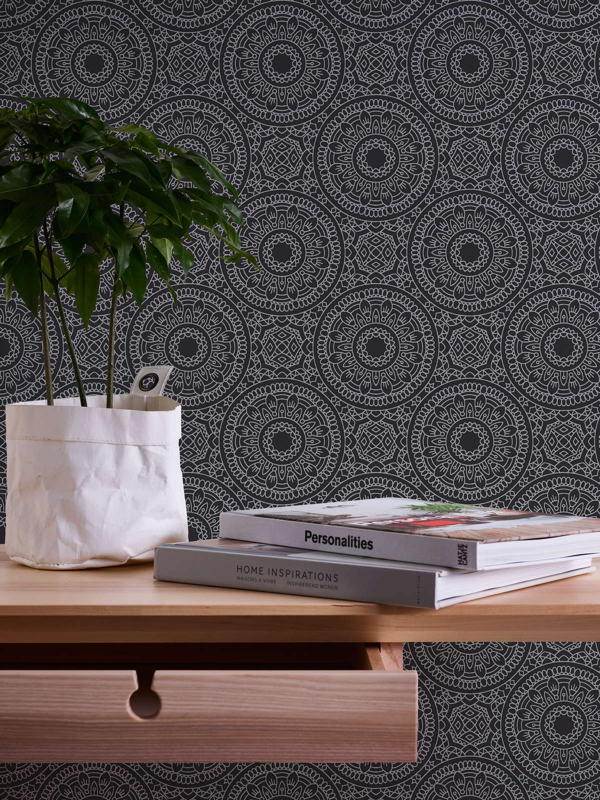             Graphic wallpaper with circle pattern glossy smooth - black, silver
        