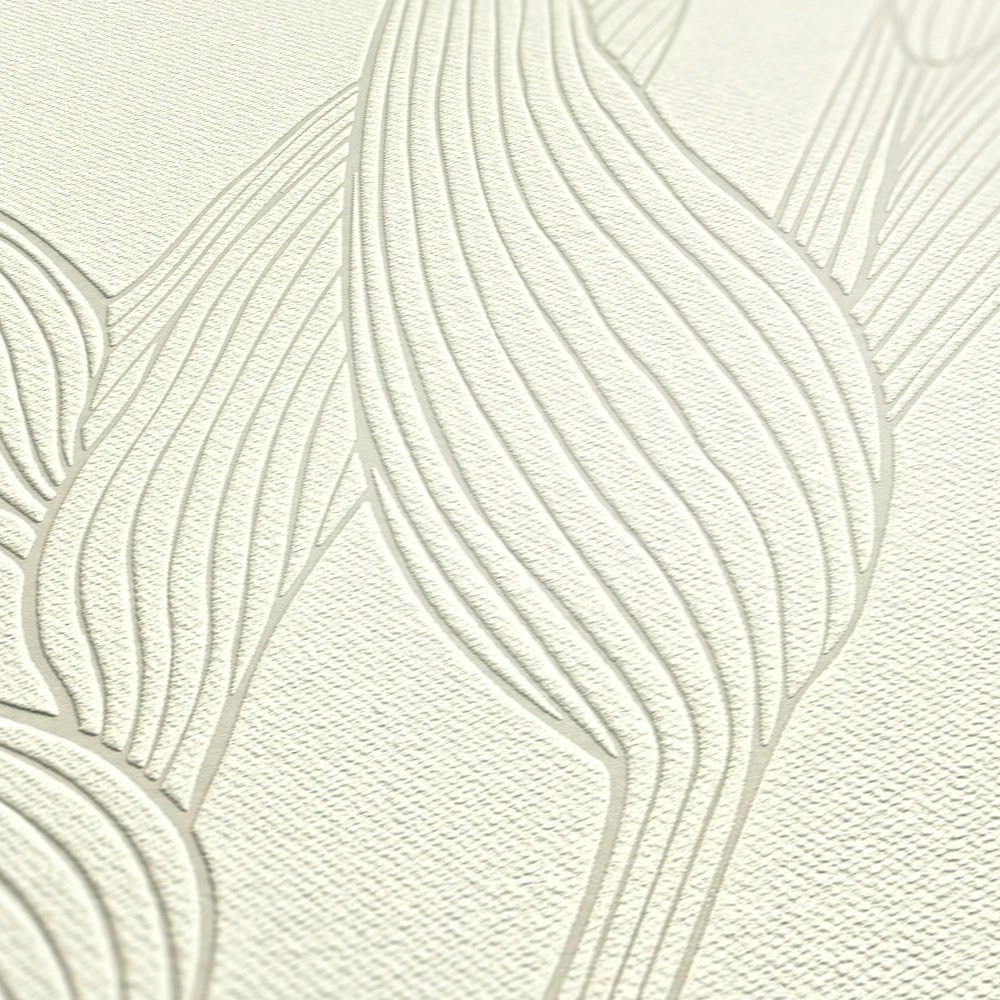             Carta da parati testurizzata con disegno di foglie - beige, bianco
        
