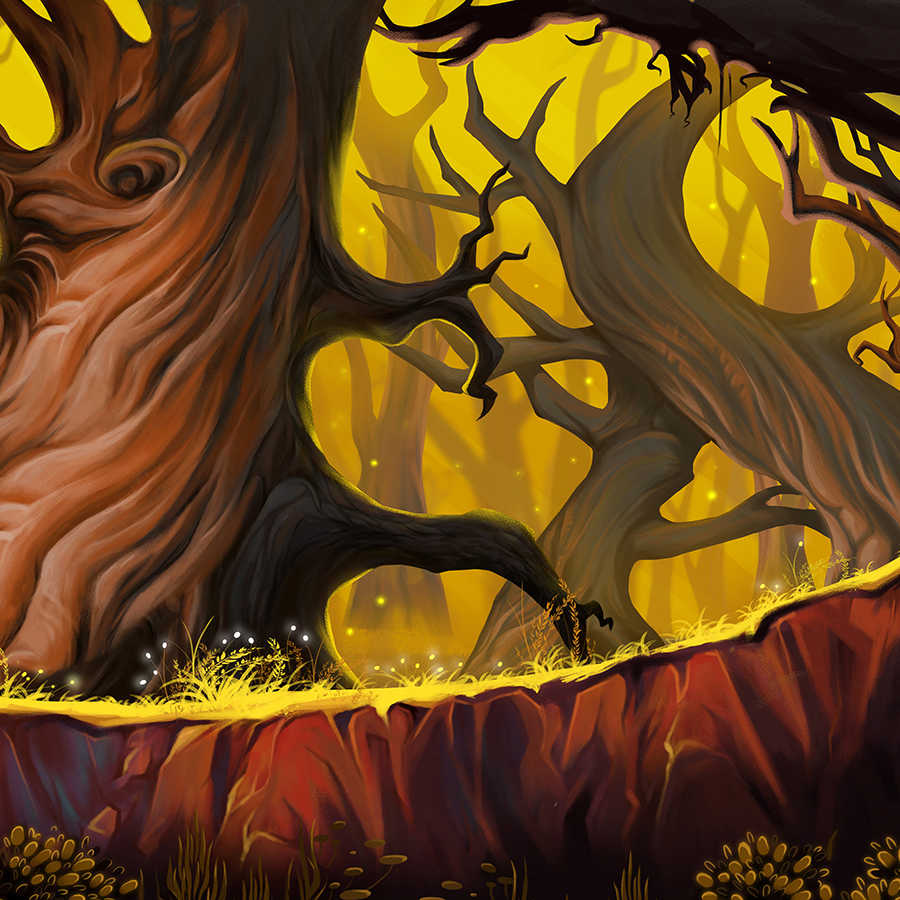 Papel pintado Fantsay motivo bosque místico sobre vellón liso nacarado

