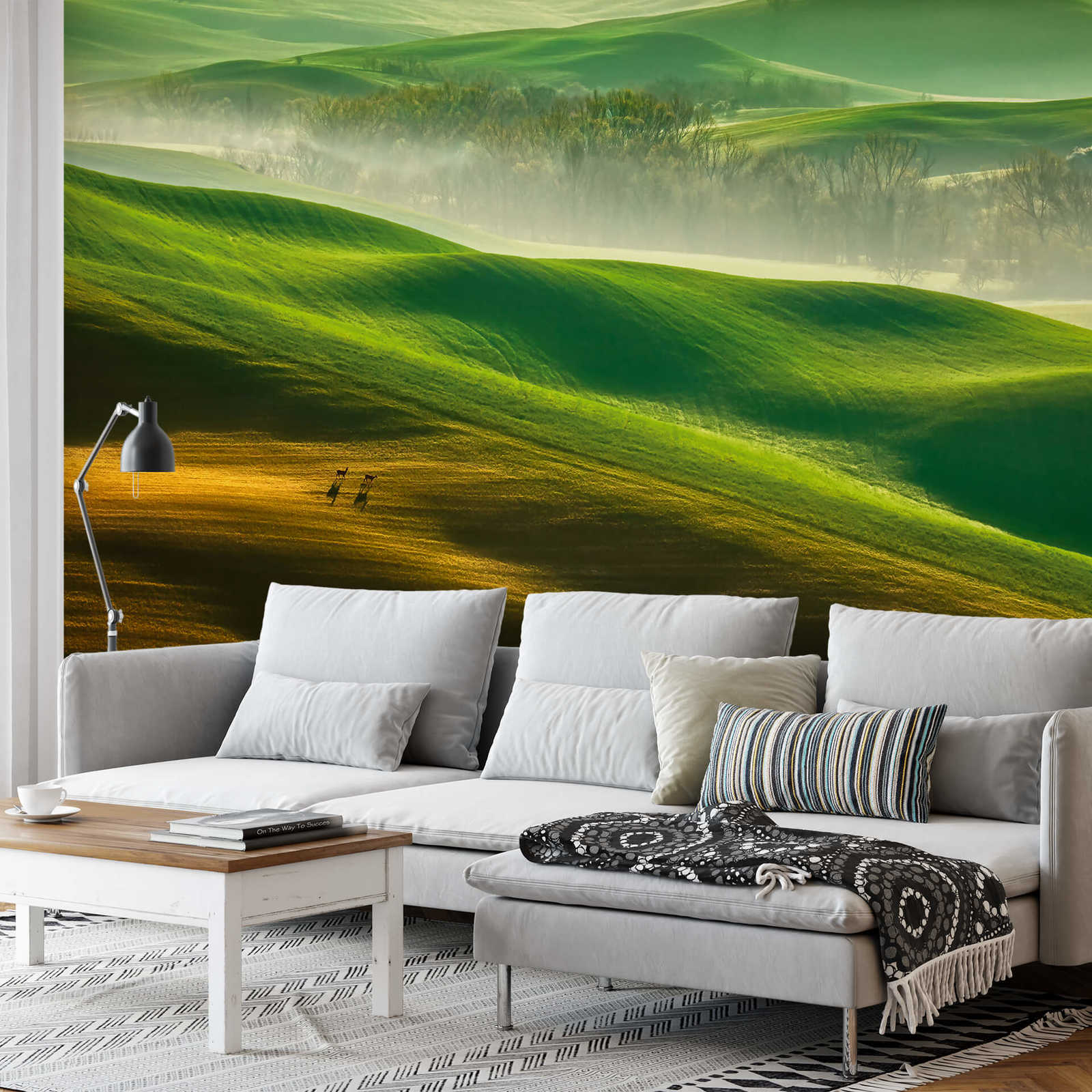             Muurschildering Natuur Berglandschap - Groen, Geel, Wit
        