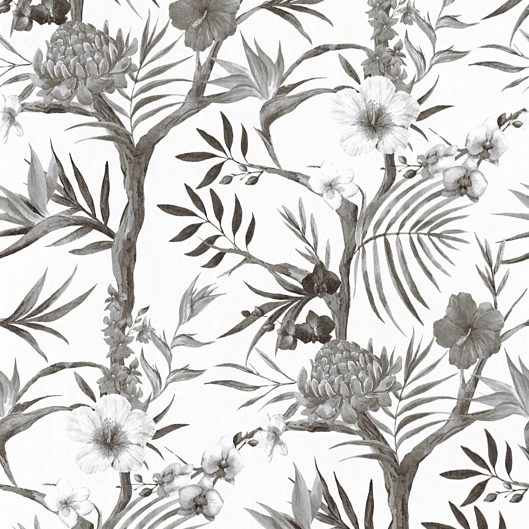 Papel pintado no tejido de flores de la selva en colores sutiles - negro, blanco, gris
