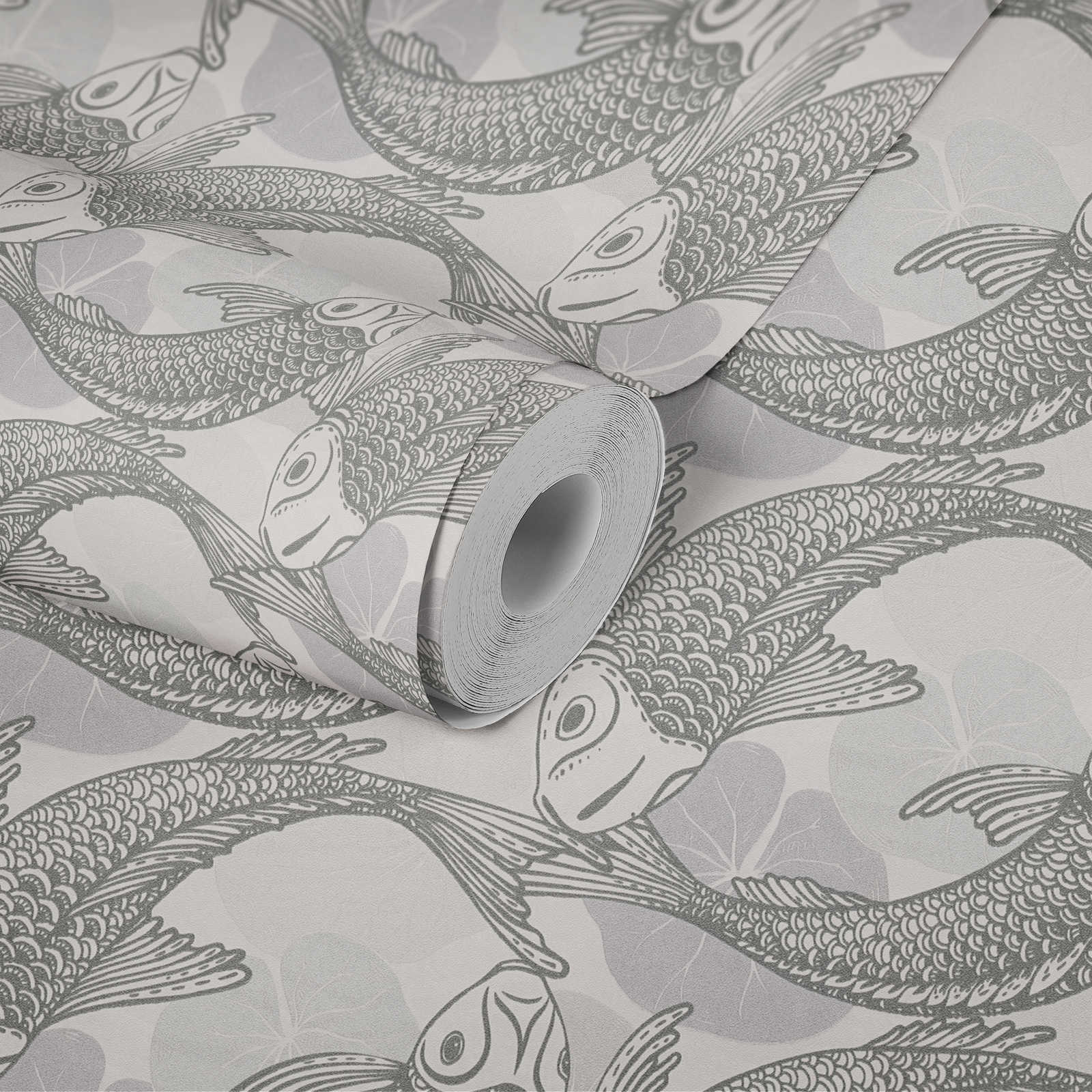             papel pintado diseño koi en estilo asiático con efecto metálico - beige, gris, metálico
        