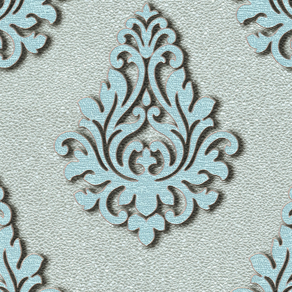             Carta da parati metallizzata con ornamenti ed effetto struttura - blu, argento
        