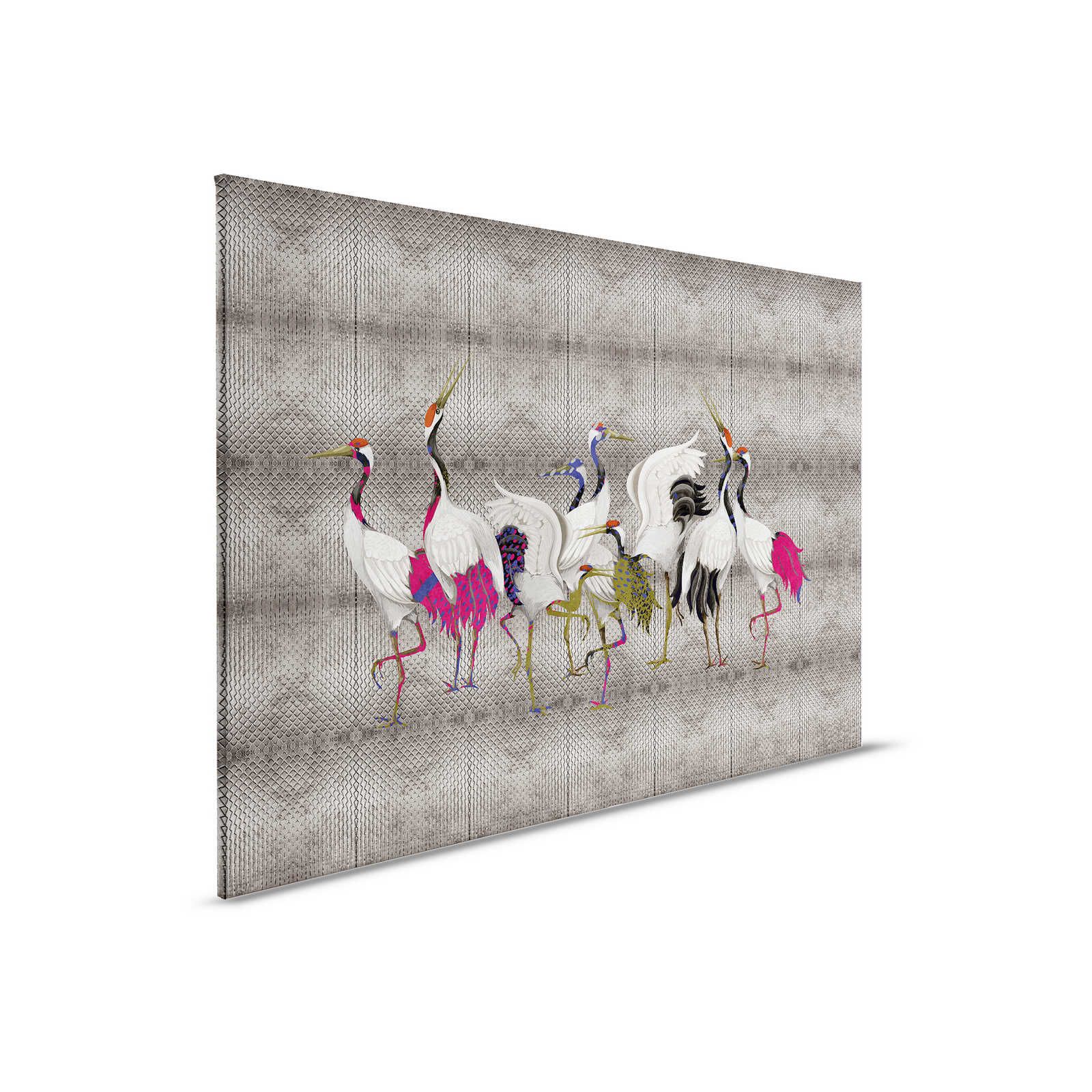         Land of Happiness 3 - Metallic Canvas Painting Silver with Colourful Crane Motif - 0.90 m x 0.60 m
    