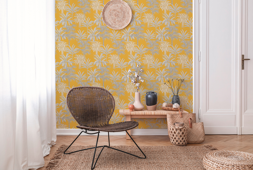 Living room boho style with yellow wallpaper by Michalsky Living AS379833