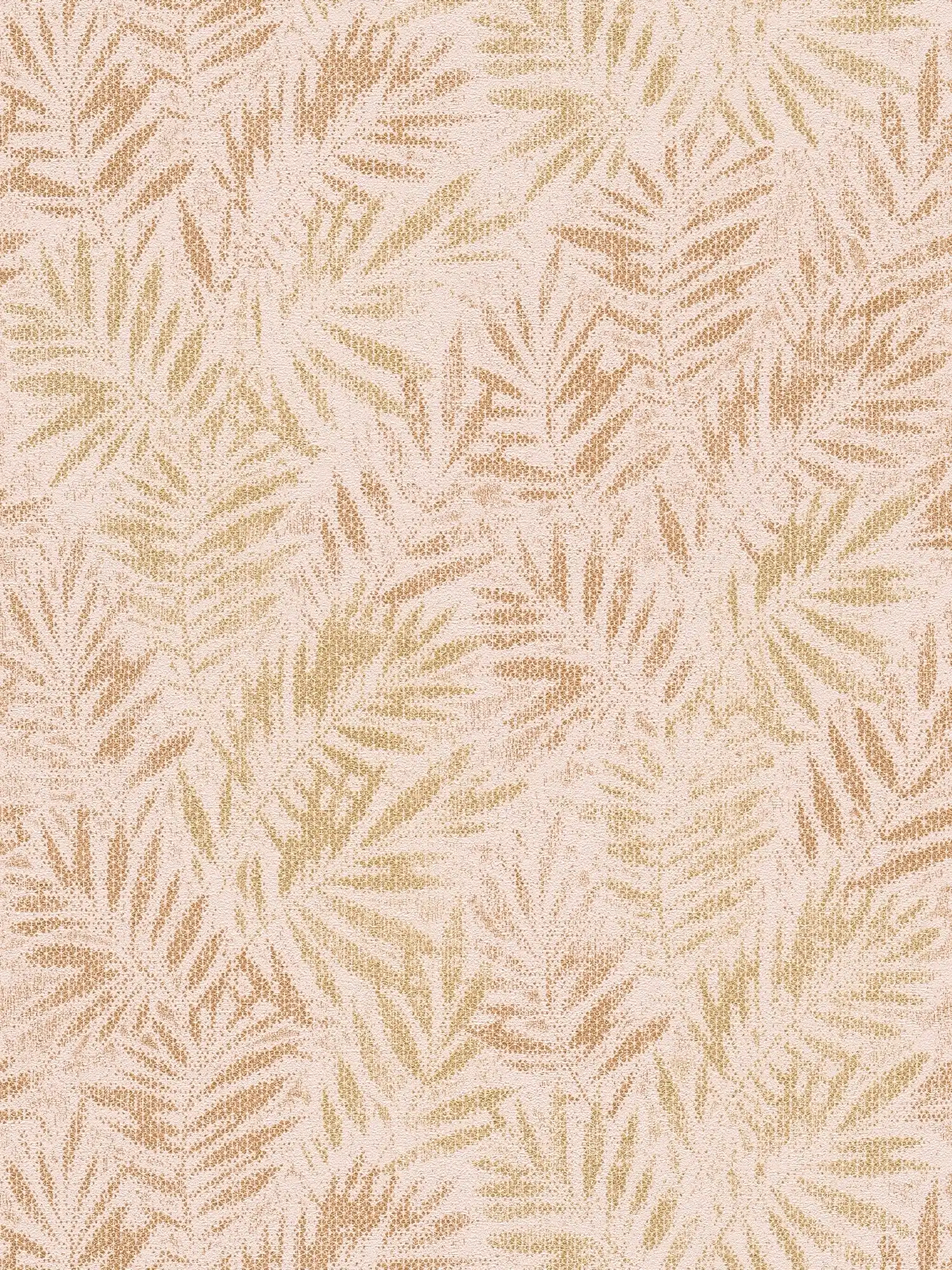 Papel pintado tejido-no tejido con motivo de hojas y efecto brillo - rosa, dorado

