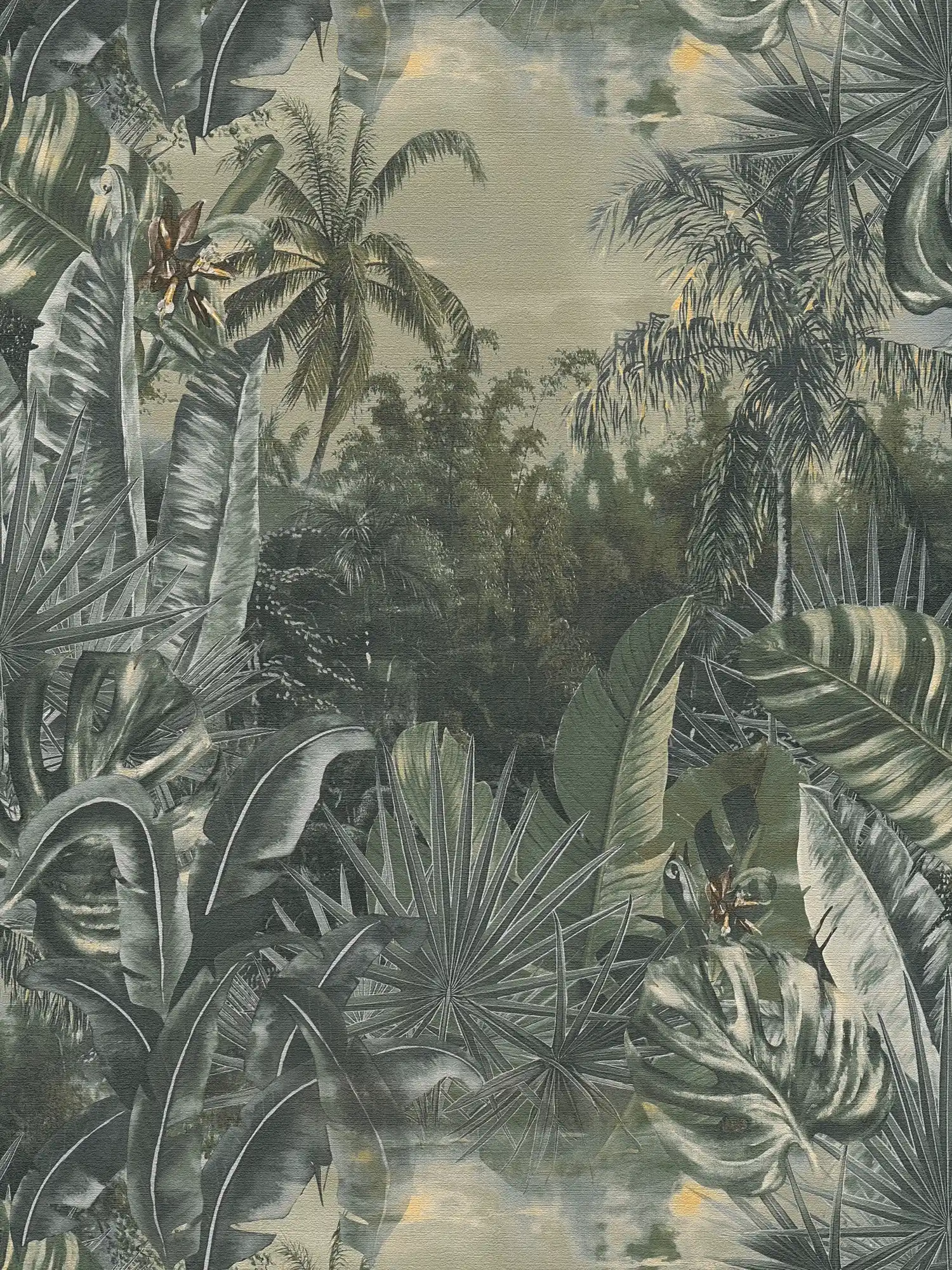 Papier peint motif jungle, style colonial moderne - Vert
