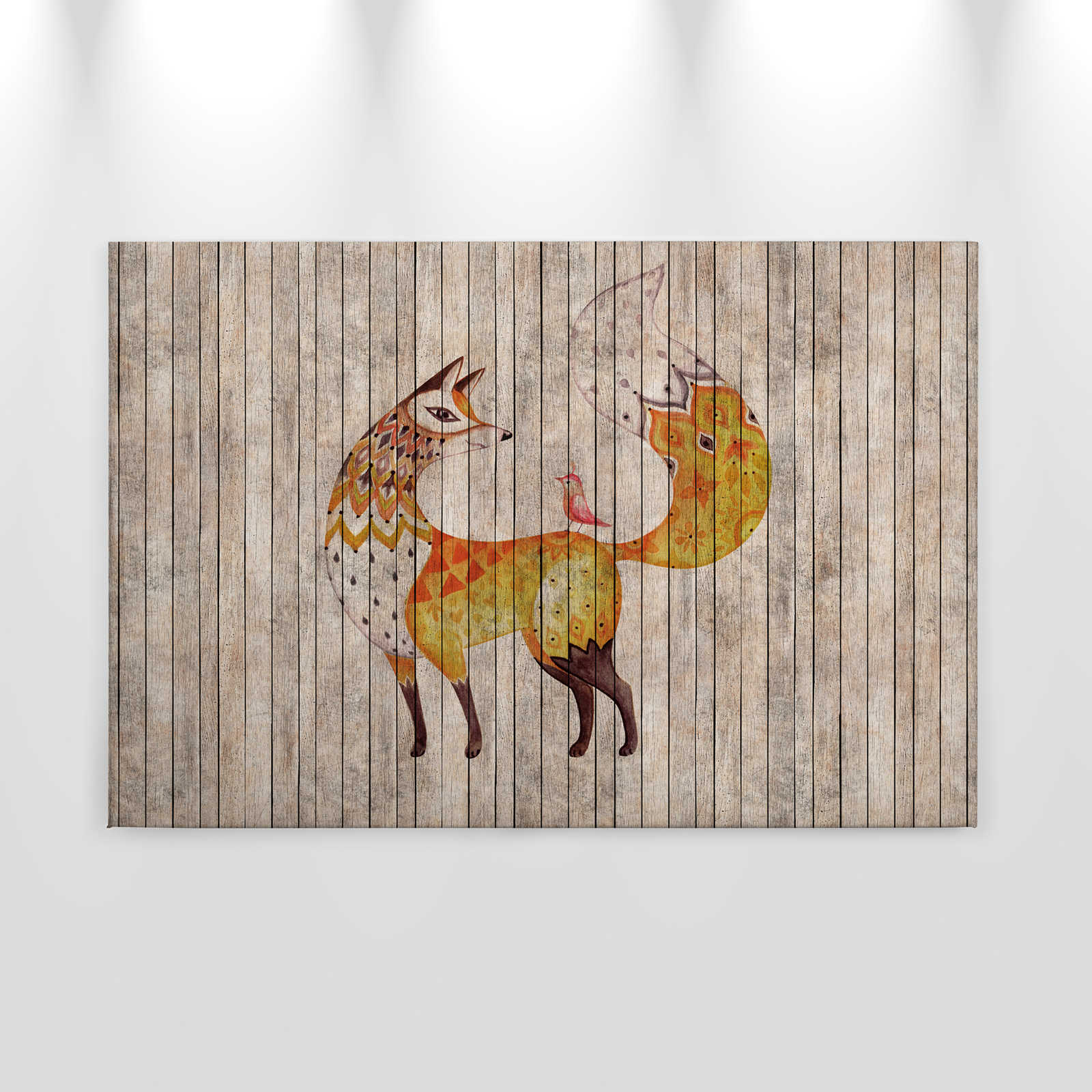             Fairy tale 2 - Fox and bird on wood look canvas picture - 0.90 m x 0.60 m
        