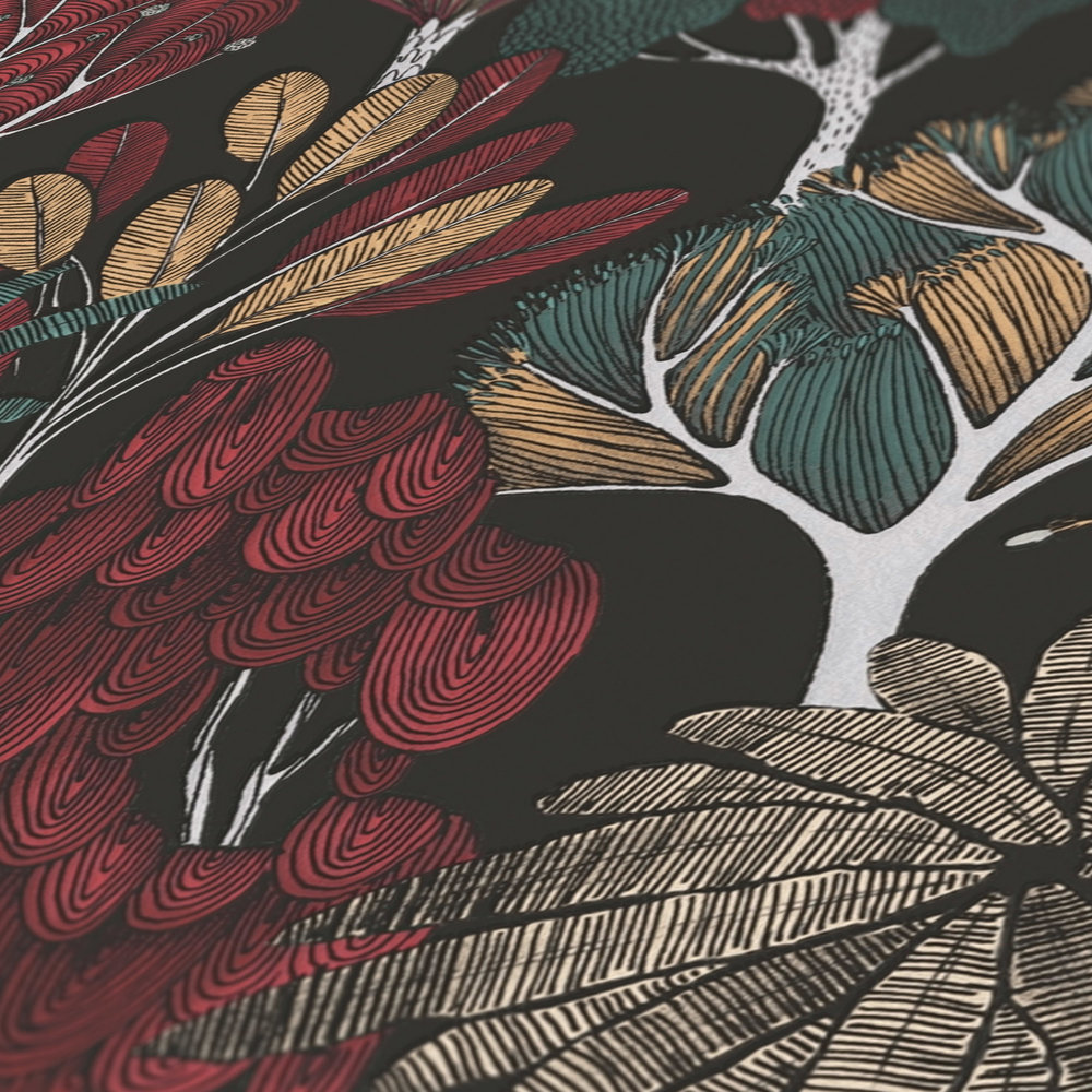             Wallpaper trees & leaves in drawing style - black, green, red
        