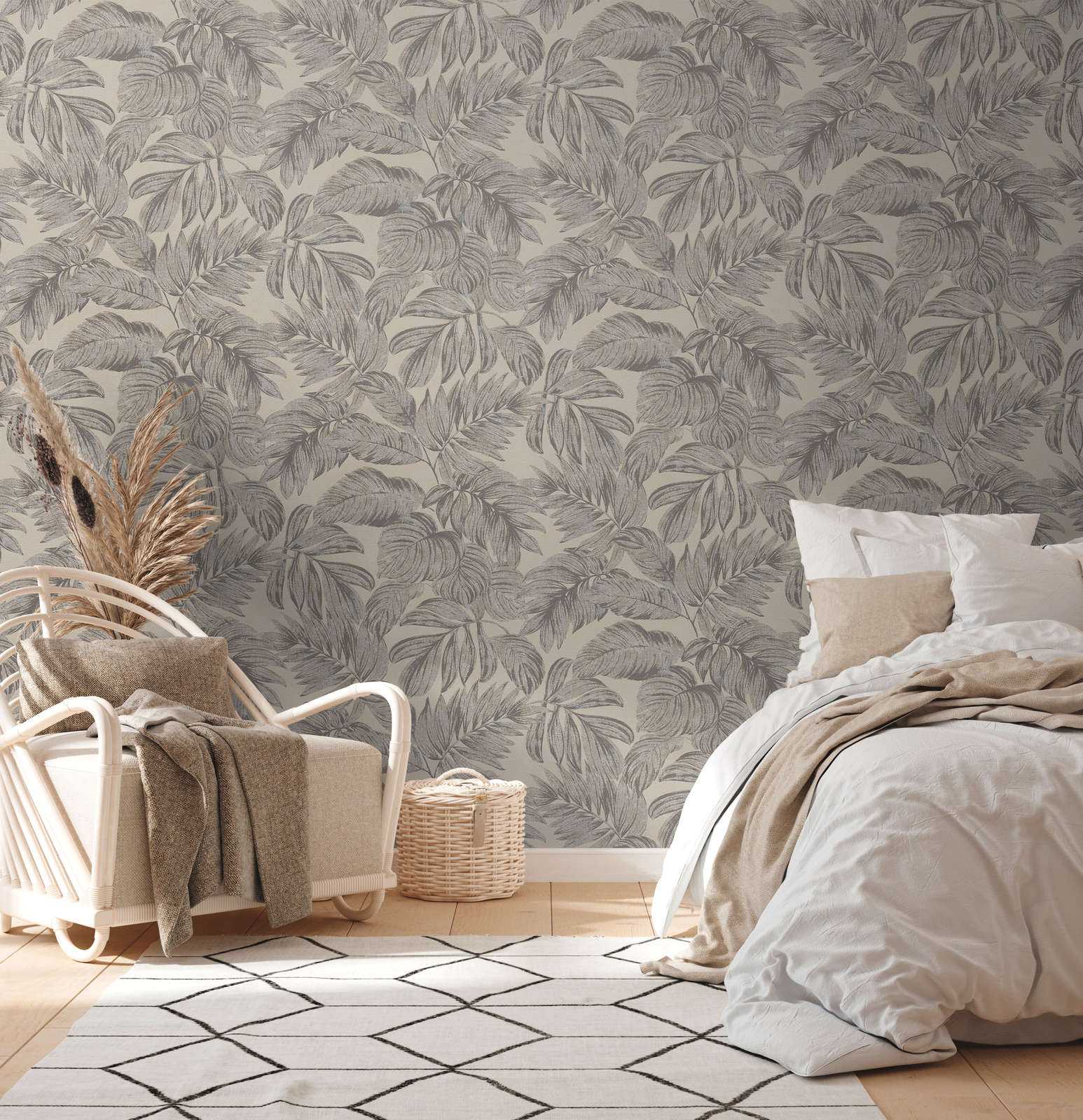             Non-woven wallpaper with jungle leaf pattern - brown, grey, beige
        