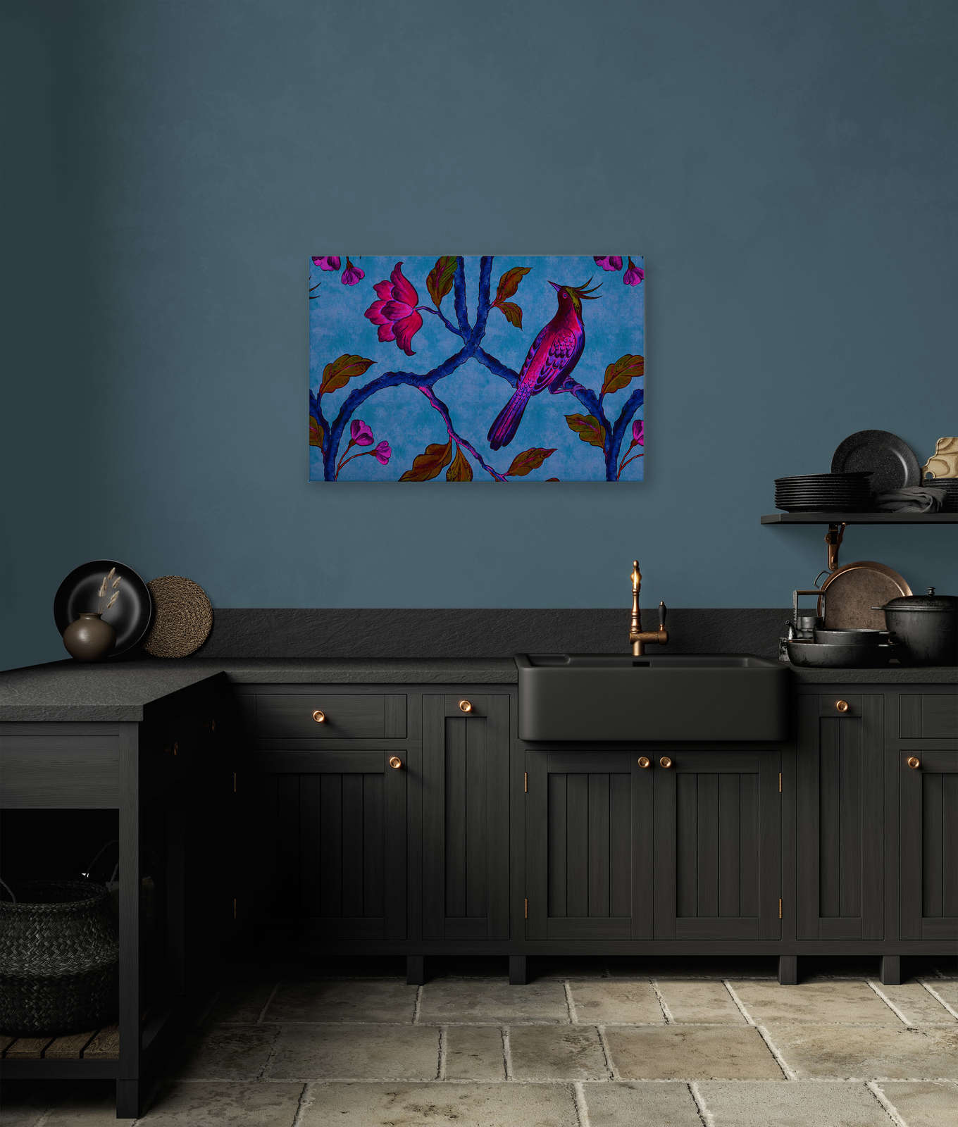             Bird Of Paradis 1 - Canvas painting in natural linen structure with bird of paradise - 0.90 m x 0.60 m
        